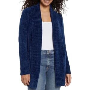 Orvis Women's Cardigan Sweater Chenille with Pockets Soft Open Front Blue Size M
